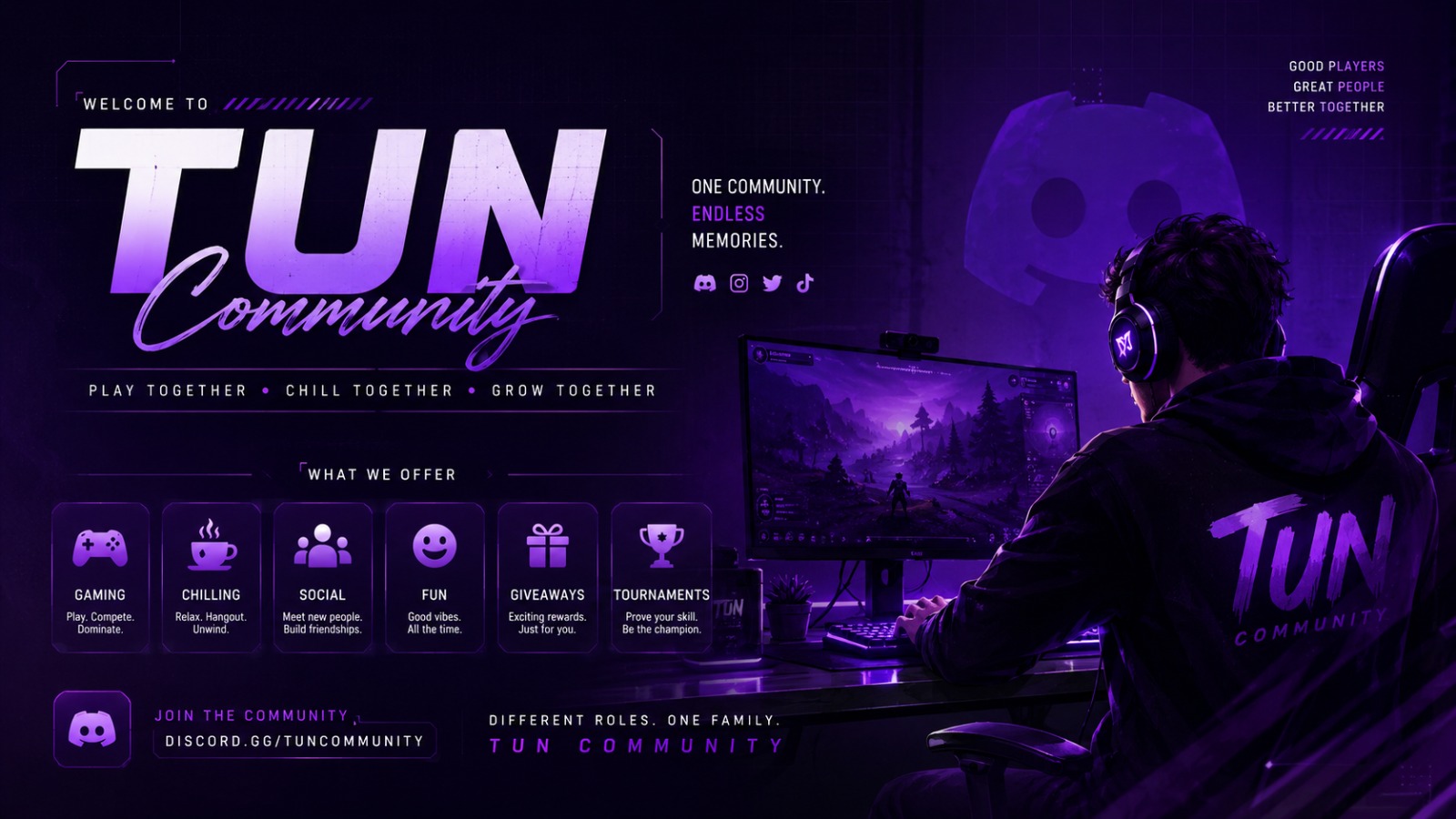 Discovery splash banner for TUN Community | Gaming • Chill・Social Discord server